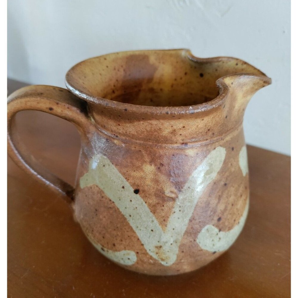 Noelle Carson Pottery Gorgeous Beige Brown Stoneware Pitcher Creamer 4.5" Tall